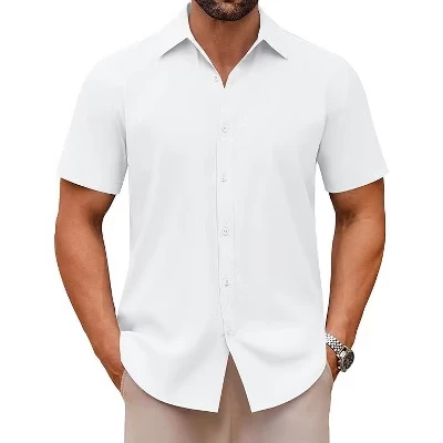 Men's Casual Button Down Shirts Short Sleeve Summer Untucked Dress Shirts white