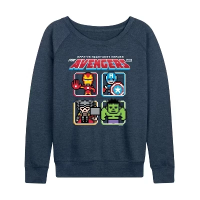 Женская футболка Avengers 8Bit из легкого французского махрового материала с широким вырезом и длинным рукавом с графическим рисунком heather indigo