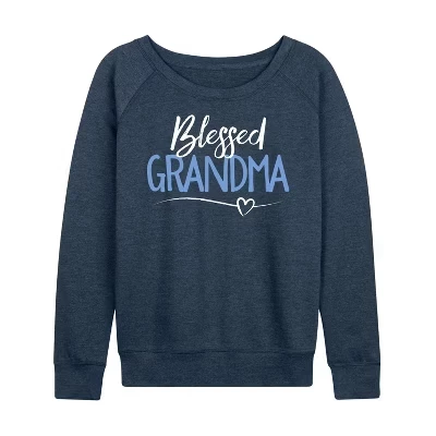 Женская легкая французская махровая рубашка Blessed Grandma с широким вырезом и длинным рукавом в графическом стиле цвета Хизер индиго