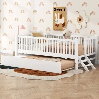 Twin Size Bed Frame with Trundle & Guardrail, Low Profile Platform Bed with Stairs for Boys and Girls white