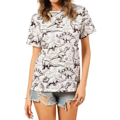 Women's Short Sleeve Jurassic Dinosaur Graphic T-Shirts Cute Summer Casual Round Neck Funny Dino Tee white