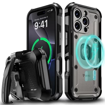 Чехол vArmor для Apple iPhone 16 Pro Case Magsafe, Прочный чехол с кобурой-зажимом для ремня [Защита от падения военного класса], Прочная подставка для ног, Сине-серый
