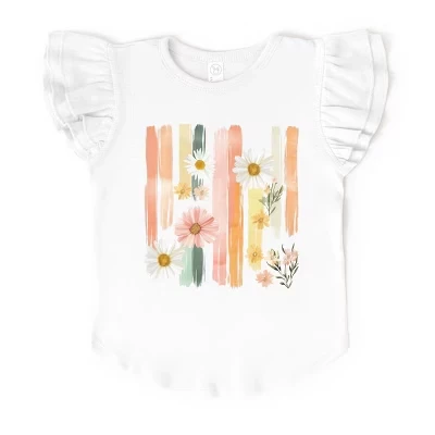 Daisies Stripes Faux Paint - Flutter Sleeve Graphic T-Shirt white