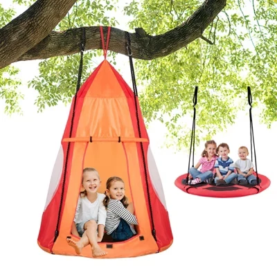 Детский подвесной тент-качели Gymax Kids 2-в-1 Съемный Подвесной домик-палатка с качелями-блюдцами размером 40 см ± Регулируемые качели-шатры Розовый / Оранжевый / Зеленый / Синий оранжевый