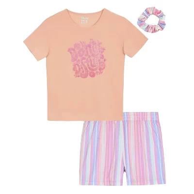Girls 2-Piece Short-Sleeve Jersey Pajama Shorts Set with Matching Hair Scrunchie orange