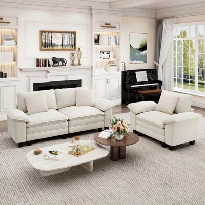 Модульный комплект диванов Cloud Modular из 3шт Loveseat, удобный секционный диван с глубоким сиденьем для гостиной, обивка из вельветовой и синелевой ткани бежевого цвета