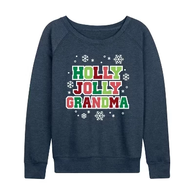 Женская рубашка Holly Jolly Grandma из легкого французского махрового материала с широким вырезом и длинным рукавом с графическим рисунком цвета Хизер индиго.