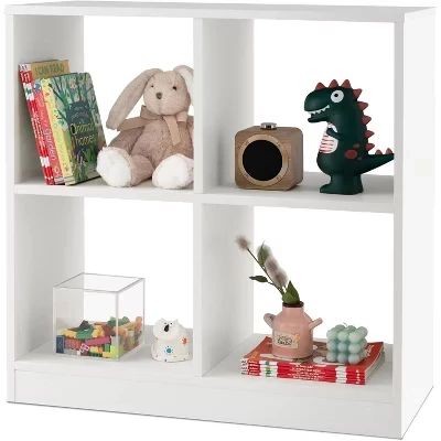 BALHAM TRADE-Kids Toy Storage Organizer 4-Section 2-Tier Open Wooden Display Book Shelf white