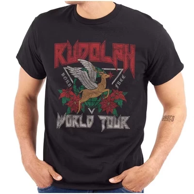 Рождественская футболка Rudolph Xmas World Tour с графическим рисунком для мужчин или женщин черного цвета