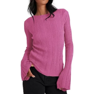 Женские трикотажные топы-колокольчики с длинным рукавом, легкие пуловеры, свитера розового цвета