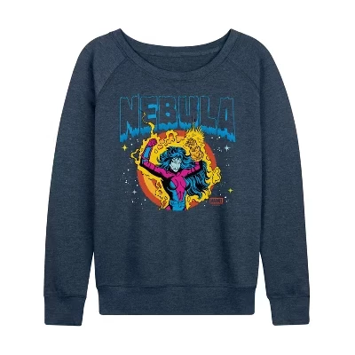 Женская футболка с логотипом Guardians Of The Galaxy - Nebula из легкой махровой ткани с широким вырезом и длинными рукавами цвета Хизер индиго