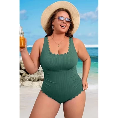 Women's Plus Size Ribbed One Piece Swimsuit Scalloped Trim Tummy Control Bathing Suit green
