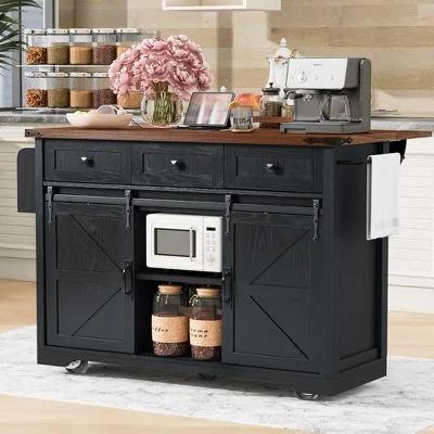 Rolling White Drop Leaf Wood Top 54 in. Kitchen Island Cart with Power Outlet, 2 Sliding Barn Door, Hidden Wheels black