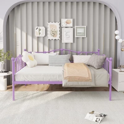 Металлический каркас кушетки Twin Size, Кушетка с изголовьем в виде сердечка, Бесшумный диван-кровать на платформе, Опора из стальных планок, Выдвижной ящик, для спальни фиолетовый