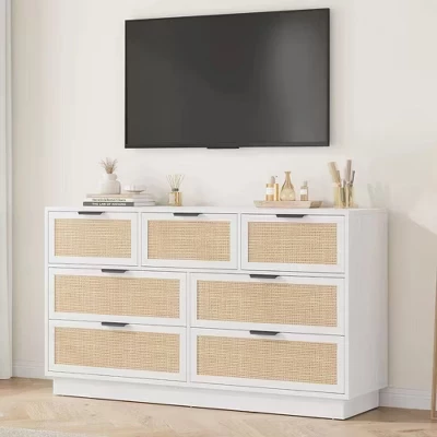 Комод CuisinSmart, 7 ящиков, ротанг, 140 см, белый