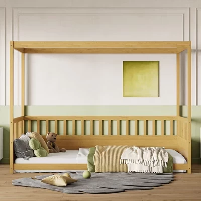 Four Poster Design Twin/Full Floor Bed Frame with Guardrails,Wooden Canopy Beds for Kids Room,Bedroom natural wood