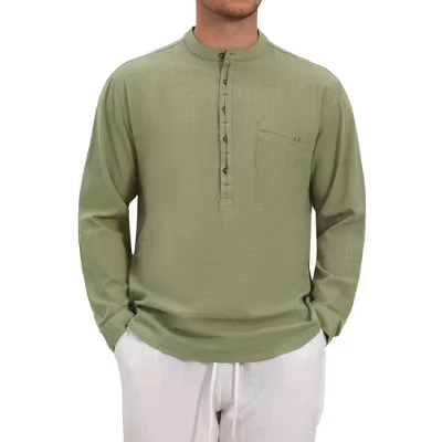 Мужские льняные пляжные рубашки Henley с длинным рукавом и нагрудным карманом