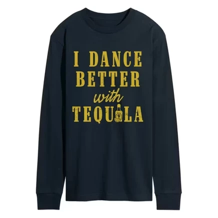 Мужская футболка с рисунком Tequila с длинным рукавом темно-синего цвета - Танцуйте лучше с Текилой.