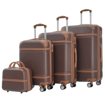Комплекты для багажа из 4 предметов в твердой оболочке с замком TSA, Чемоданы на колесиках и косметичка, Легкий дорожный багаж, 20/24/28 дюймов, коричневый