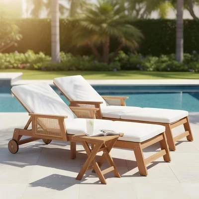 Минг Современный шезлонг Acacia Patio из 3 предметов с решетчатым столом и плетеным подлокотником