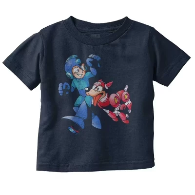 Футболка с изображением классической видеоигры Mega Man and Rush для малышей лицензионного синего цвета