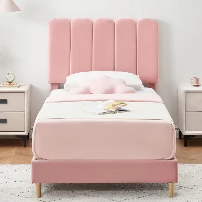 Каркас кровати Twin Size с мягким изголовьем, Матрас на платформе для детей, Прочная деревянная планка, Пружинный блок не требуется. Розовый