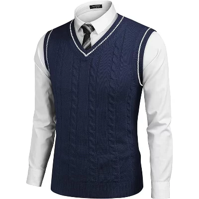 Мужской жилет с V-образным вырезом Slim Fit повседневный витой вязаный пуловер без рукавов, свитер синего цвета