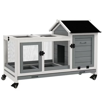 PawHut Indoor Outdoor Wooden Rabbit Hutch with Wheels, Large Bunny Cage with Run, Slide-out Tray for Small Animals, Guinea Pig gray