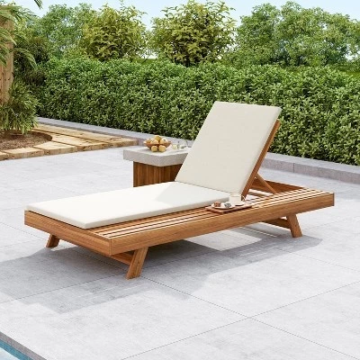 Регулируемый шезлонг из дерева акации Dara Outdoor с подушкой и плоской поверхностью для хранения тик/кремовый