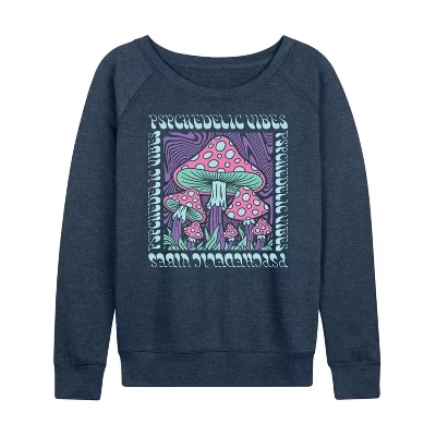 Женская рубашка Psychedelic Vibes & Mushrooms из легкого французского махрового материала с широким вырезом и длинными рукавами цвета хизер индиго.