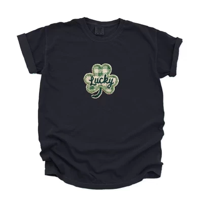 Футболка с принтом из пряжи Lucky Clover - Женская одежда, окрашенная в графический цвет, черная