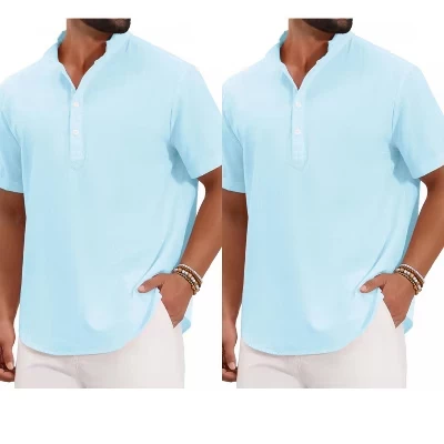 Мужская однотонная льняная рубашка Henley с воротником-стойкой и коротким рукавом, 2 упаковки