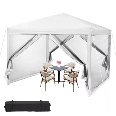 10 x 10 FT Pop Up Canopy, Heavy Duty Party Tent with Mosquito Netting, Height Adjustable Instant Sun Shade, Roller Bag for Parties, Camping white