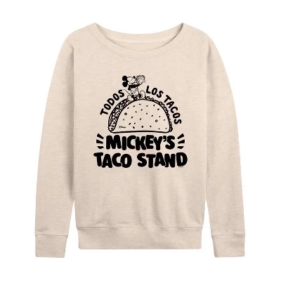 Женская футболка Mickey's Taco Stand из легкого французского махрового материала с широким вырезом и длинным рукавом с графическим рисунком.