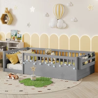 Детская кровать ModernLuxe Montessori с LED и полкой, серая