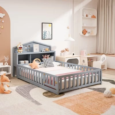Кровать-платформа ModernLuxe Montessori с полкой и меловой доской, серая