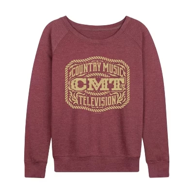 Women's -  - Belt Buckle Lightweight French Terry Wide Neck Long Sleeve Graphic Shirt heather maroon