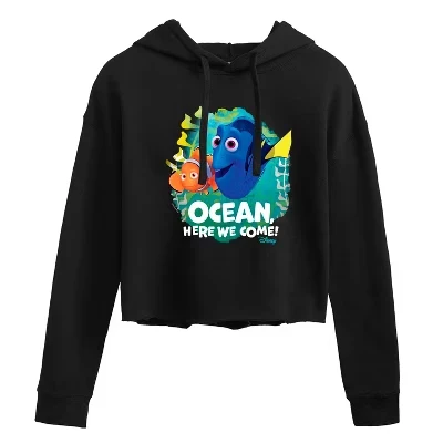Женская укороченная толстовка с капюшоном Ocean Here We Come черного цвета с графическим принтом