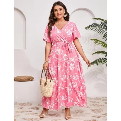 YESFASHION, женское платье макси с V-образным вырезом и запахом, большие размеры, высокая талия, рубашка с короткими рукавами, повседневное летнее платье с поясом, розовое цветочное платье