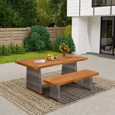 Обеденный сервиз Saltus Outdoor из 2 предметов из дерева акации с ножками из ротанга ручной работы серого цвета