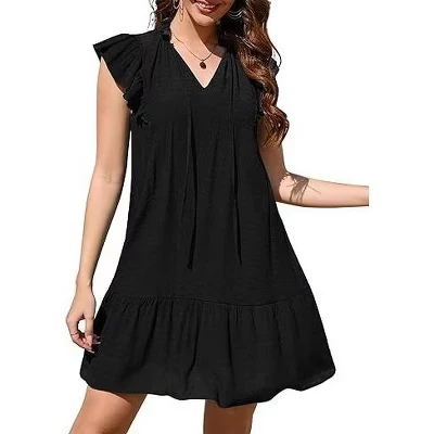 Женское мини-платье Babydoll, летнее короткое платье-сорочка с V-образным вырезом и развевающимися рукавами в стиле бохо с цветочным рисунком, черное