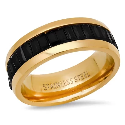 Мужское кольцо eternity band из нержавеющей стали с имитацией бриллиантов изумрудной огранки черного цвета