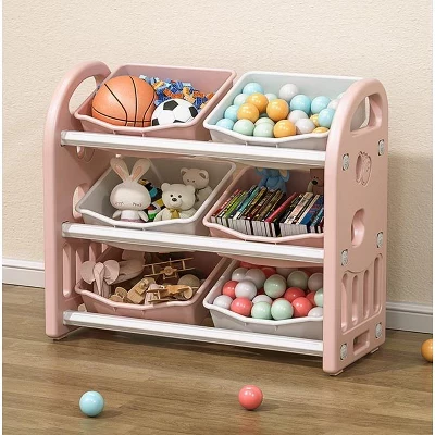 HDPE Kids Toy Storage Organizer with 6 Bins, Multi-functional Nursery Storage Unit for Playroom, Bedroom & Living Room, pink