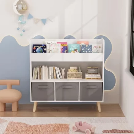 Детский стеллаж LauKingdom с 3 корзинами, бело-серый