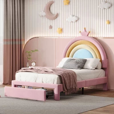 Каркас кровати на платформе Princess с мягкой обивкой Bellemave с ящиками для хранения, изголовьем в виде кролика и светодиодной подсветкой, Розовый, Двуспальная/полноразмерная кровать для девочек