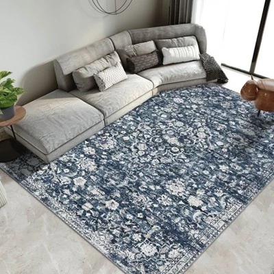 Моющийся коврик с нескользящим винтажным цветочным принтом Capet Home Decor синего цвета