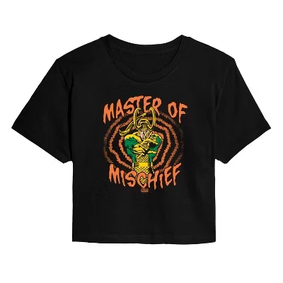 Женская укороченная футболка с рисунком Loki Master Of Mischief черного цвета