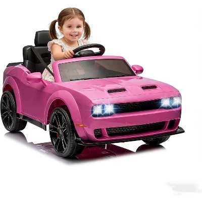 Детский лицензионный автомобиль Dodge Challenger на 12 В, дистанционное управление, пружинная подвеска розового цвета