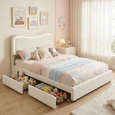 Каркас кровати Boucle Twin/Full/Queen-size с изголовьем и 2 ящиками для хранения вещей - Детская подростковая кровать на платформе белого цвета