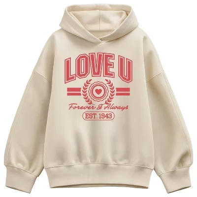 Женская толстовка Love U Forever & Always с капюшоном из флиса оверсайз кремового цвета.